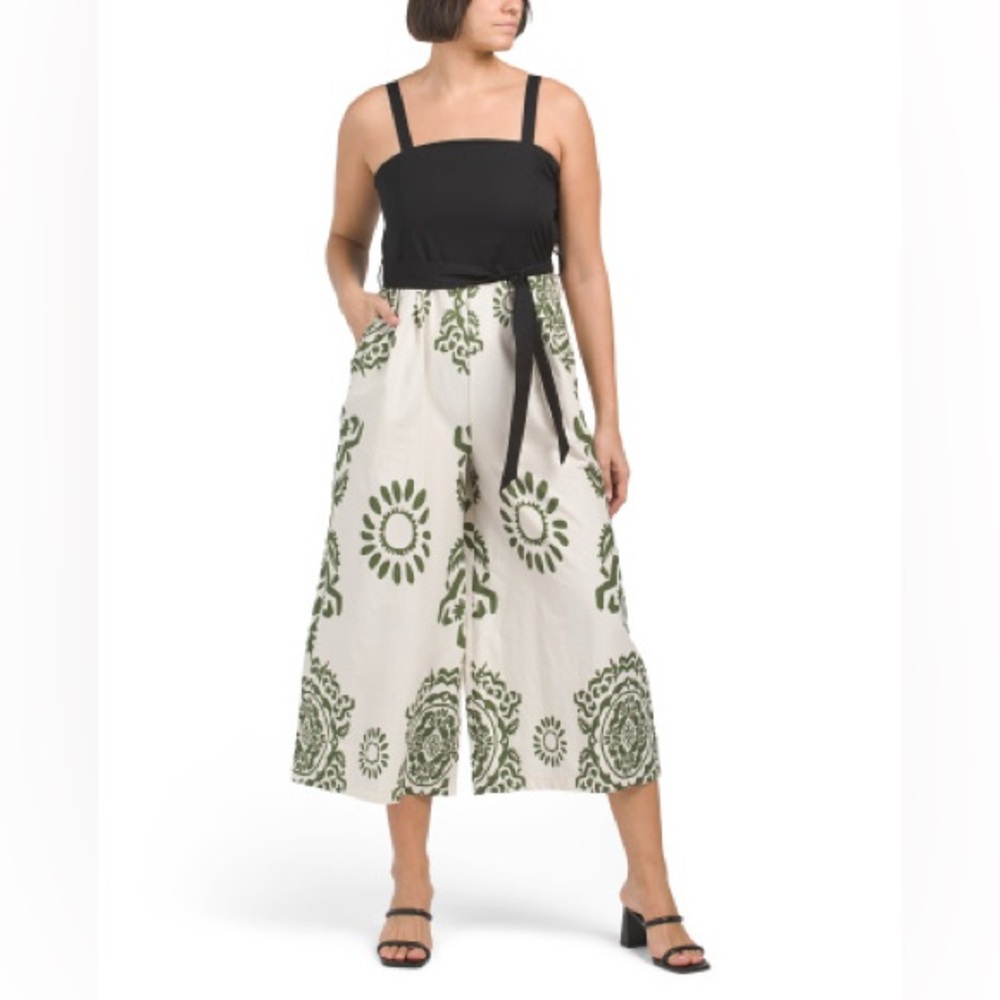 Kaktus Black Bodice Wide-Leg Jumpsuit with Green Print